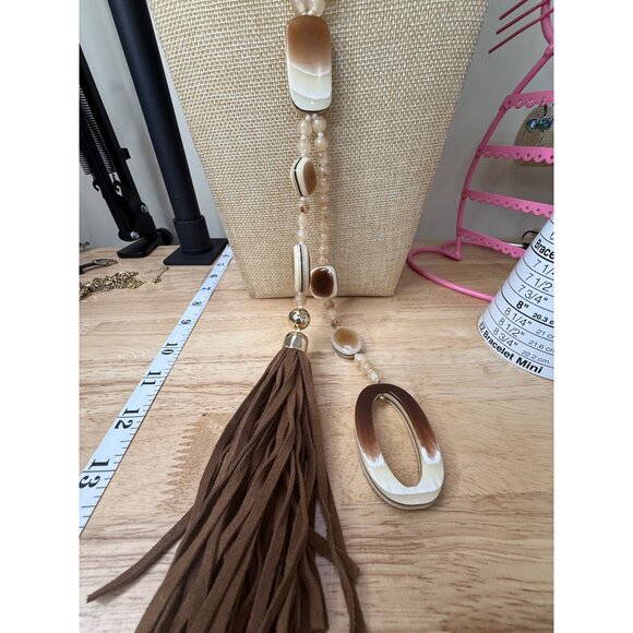 Chicos Long Beaded Necklace W/ Leather Tassel & Gradient Brown Accents - Picture 3 of 16